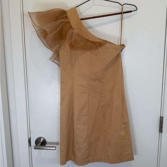 Mark + James by Badgley Mischka Organza One-Shoulder Tan Ruffle Dress - Picture 4 of 11